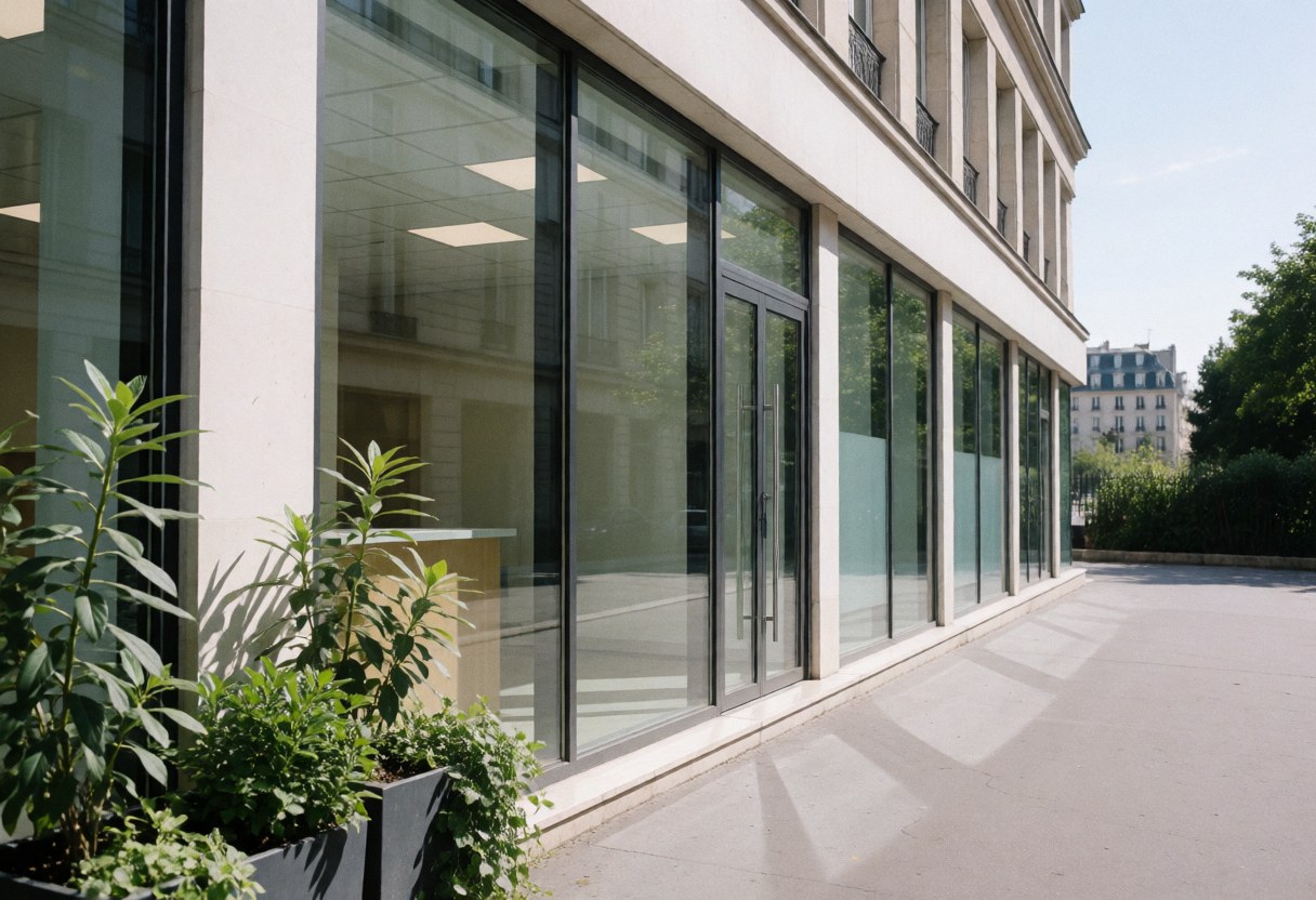 Vue extérieure d'une façade de bureau contemporain dotée de larges baies vitrées, d'une porte d'entrée et de plantes en pot disposées sur le trottoir sous un ciel lumineux.