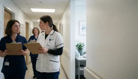 Deux infirmières marchent dans un couloir de clinique, l'une en uniforme bleu et l'autre en blouse blanche, toutes deux tenant des porte-documents.