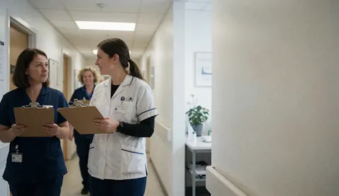 Deux infirmières marchent dans un couloir de clinique, l'une en uniforme bleu et l'autre en blouse blanche, toutes deux tenant des porte-documents.