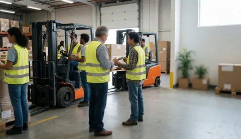 Des travailleurs dans un entrepôt révisent des documents tout en faisant fonctionner des chariots élévateurs et en manipulant des cartons.