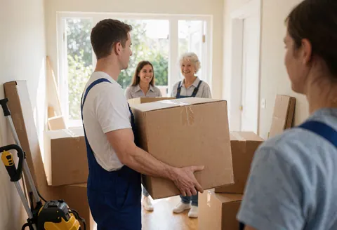 Deux déménageurs transportent des boîtes en carton à l'intérieur d'un logement pendant qu'une femme et une personne âgée observent la scène depuis l'arrière-plan.