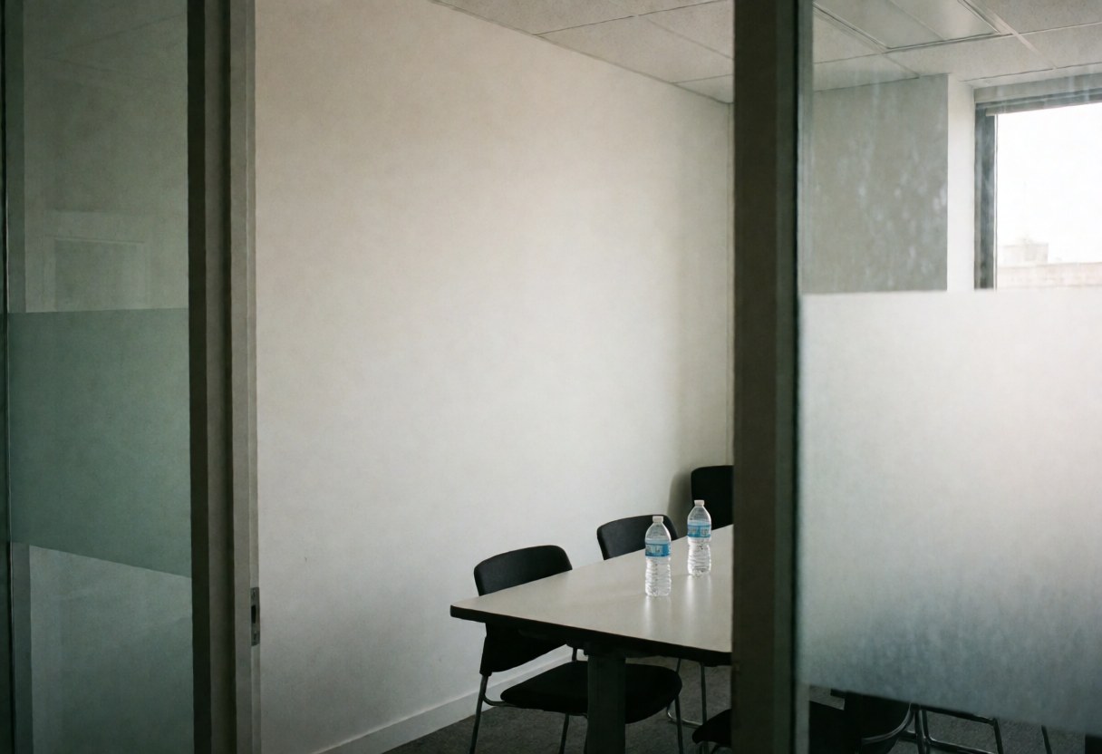 Salle de réunion minimaliste vide avec une table blanche et des chaises noires, deux bouteilles d'eau posées sur la table.