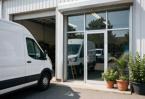 Façade d'un atelier avec porte vitrée et fourgon blanc stationné à l'extérieur sous la lumière du jour.