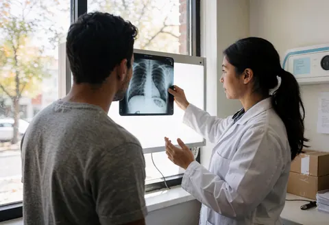 Une médecin en blouse blanche montre une radiographie du thorax à un patient près d'une fenêtre.