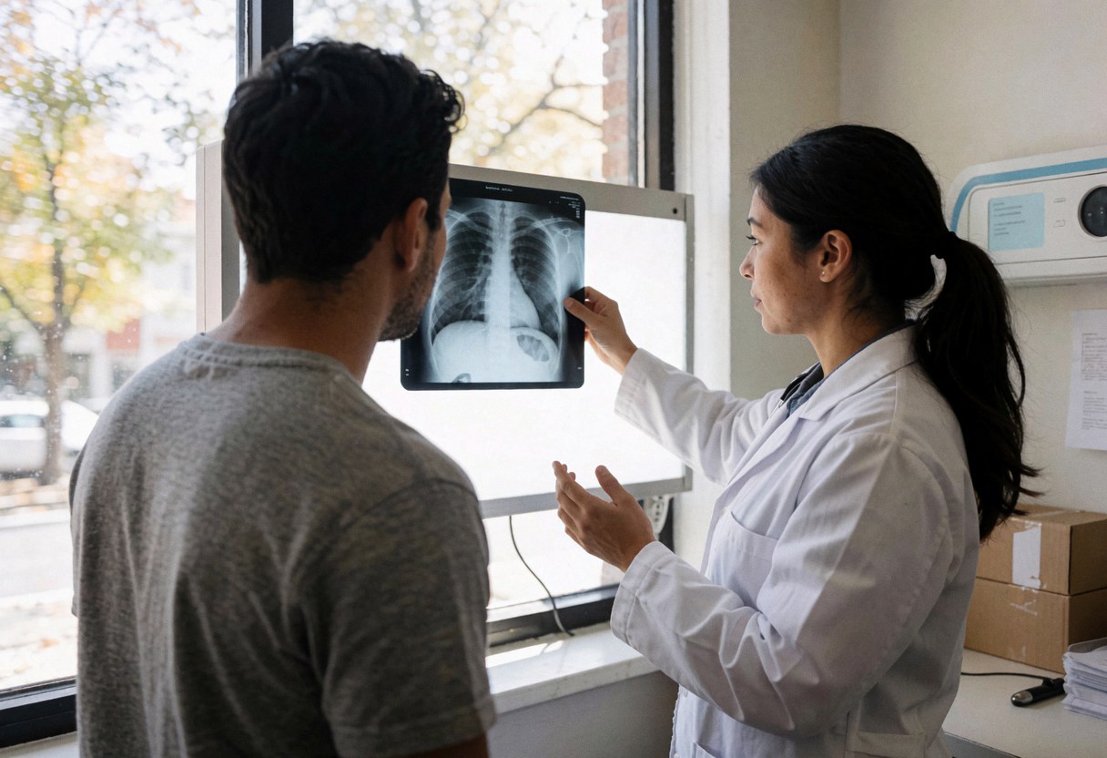 Une médecin en blouse blanche montre une radiographie du thorax à un patient près d'une fenêtre.