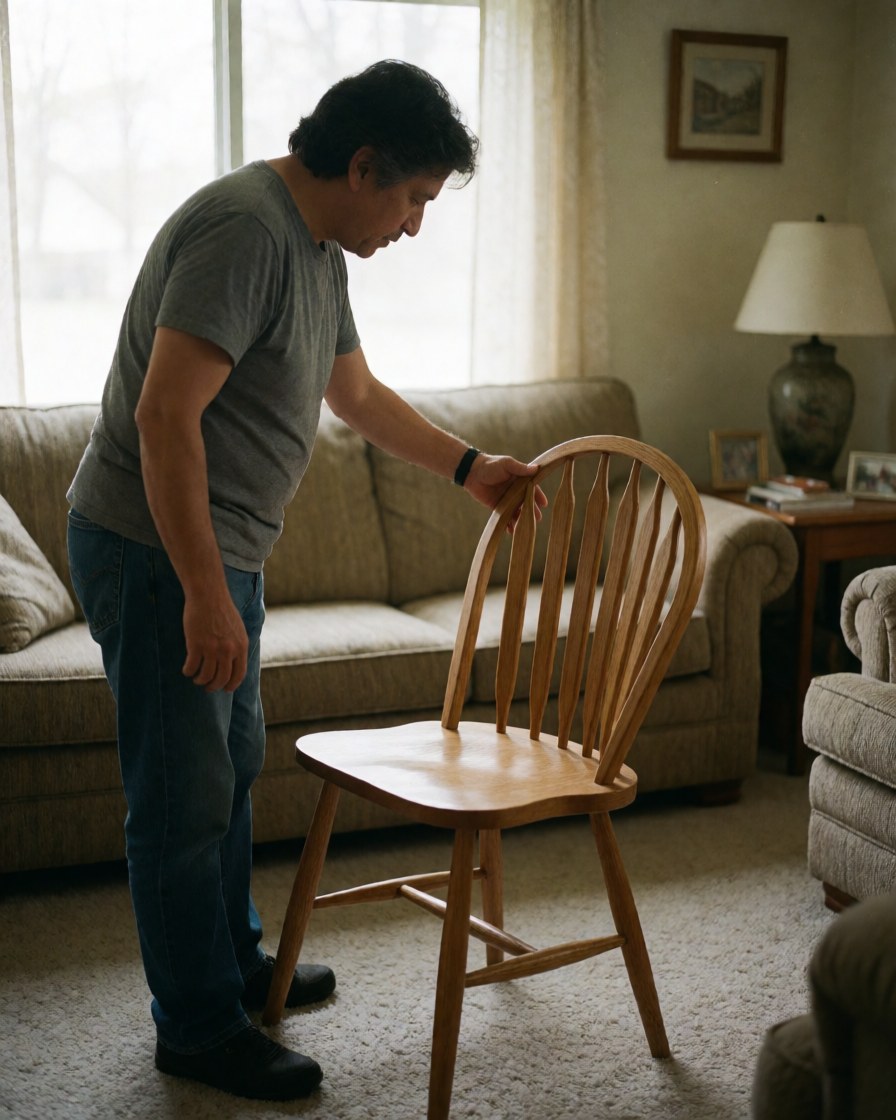 Un homme observe attentivement une chaise en bois dans un intérieur avec canapés et lampe.