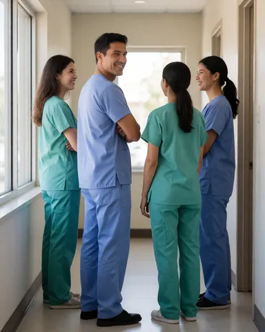 Quatre professionnels de santé en uniforme échangent amicalement dans le couloir d'une clinique médicale.