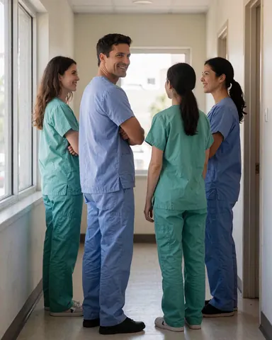 Quatre professionnels de santé en uniforme échangent amicalement dans le couloir d'une clinique médicale.
