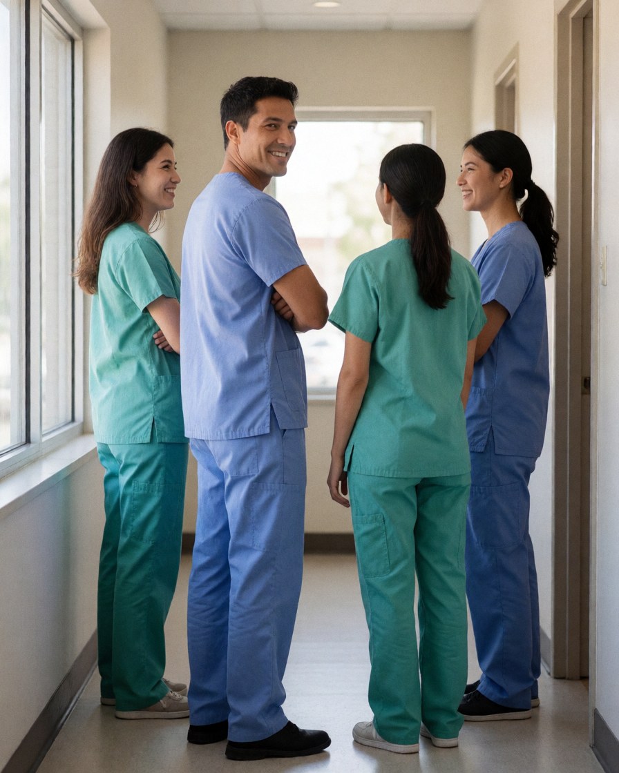 Quatre professionnels de santé en uniforme échangent amicalement dans le couloir d'une clinique médicale.