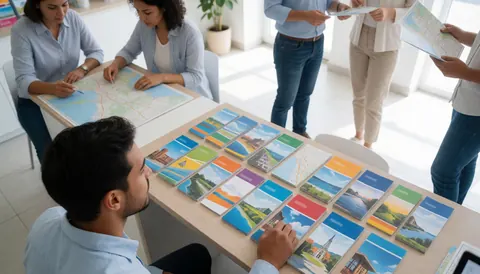 Des clients consultent des cartes et des documents touristiques sur une table dans une agence de voyages.