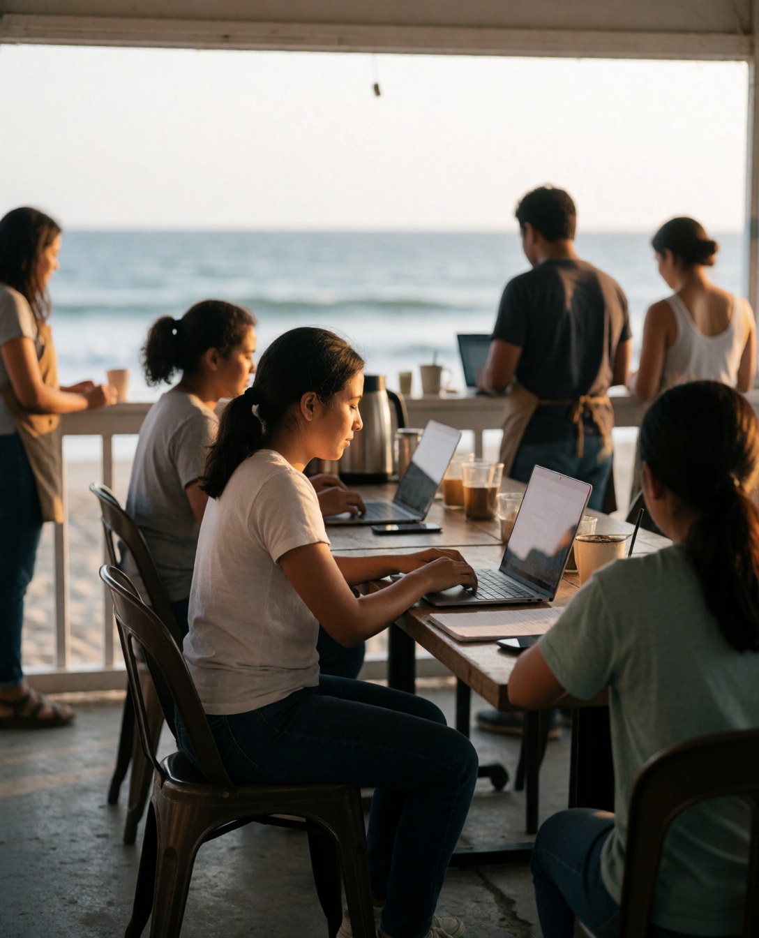 Une jeune femme utilise son ordinateur portable à une table dans un café côtier, profitant de la vue sur l'océan tandis que d'autres clients sont présents.