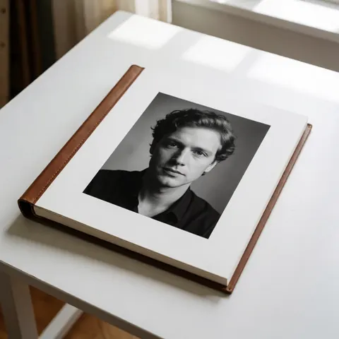 Un album photographique posé sur une table blanche contenant un portrait en noir et blanc d'un jeune homme.
