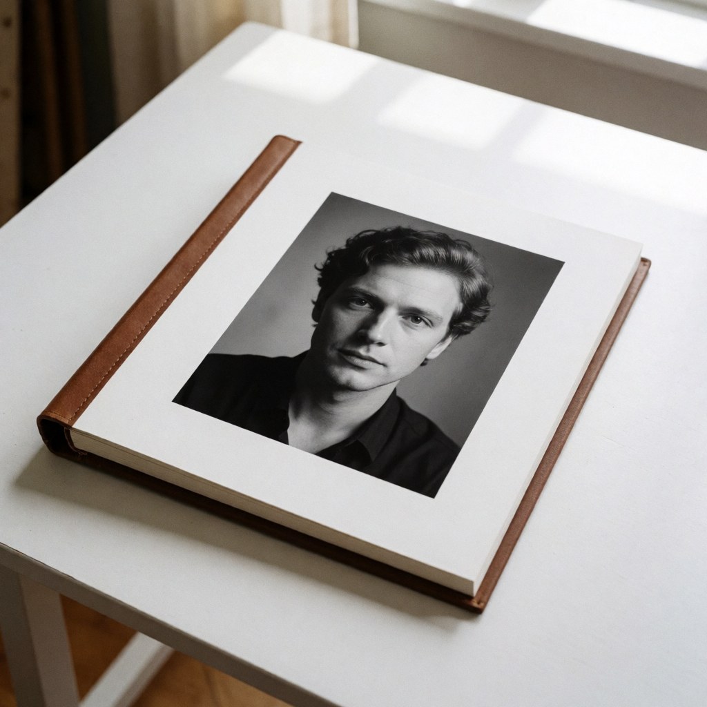 Un album photographique posé sur une table blanche contenant un portrait en noir et blanc d'un jeune homme.