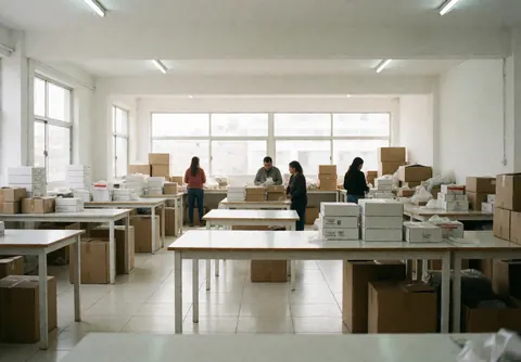 Quatre personnes emballent des articles dans des cartons sur des tables dans un atelier dédié à la préparation des commandes.