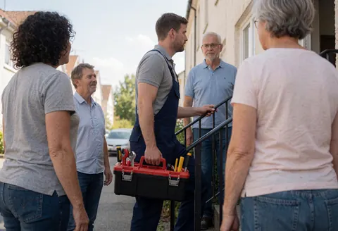 Un technicien portant une mallette d'outils monte des escaliers extérieurs tout en discutant avec des clients.