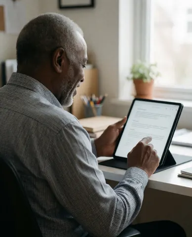 Un homme senior en chemise grise est assis dans un bureau, consultant des documents sur une tablette numérique.