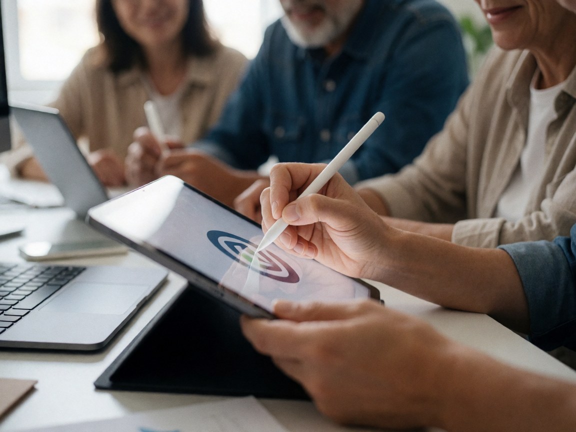 Un professionnel dessine un logo sur une tablette avec un stylet pendant que des collègues travaillent sur des ordinateurs portables dans un bureau moderne.