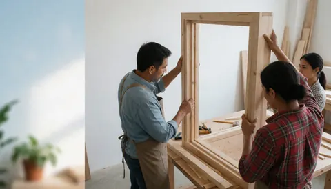 Un homme et une femme charpentiers montent ensemble un cadre en bois dans un atelier bien éclairé par la lumière naturelle.