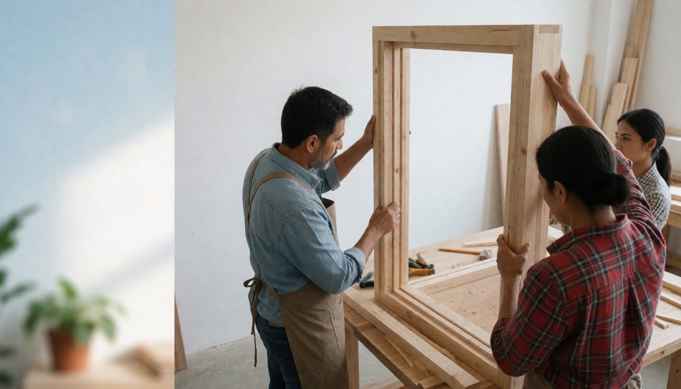 Un homme et une femme charpentiers montent ensemble un cadre en bois dans un atelier bien éclairé par la lumière naturelle.