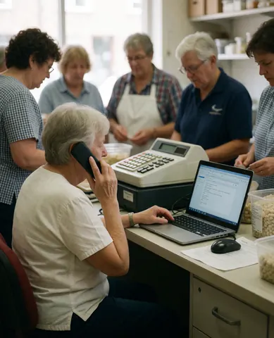 Une femme adulte utilise un ordinateur portable dans une cuisine professionnelle tandis qu'elle parle au téléphone, entourée d'autres employés.