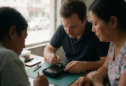 Un technicien répare un smartphone dans un magasin tandis que deux clients observent attentivement la procédure de réparation.