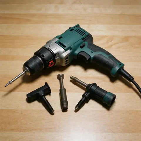 Perceuse électrique verte et noire accompagnée de ses accessoires disposés sur une table en bois clair.