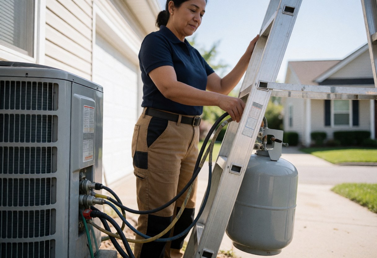 Une technicienne en uniforme effectuant une réparation sur une unité extérieure de climatisation, équipée d'une échelle et d'outils professionnels.