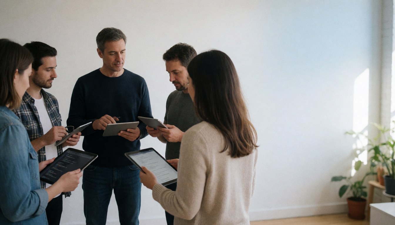 Cinq personnes travaillant ensemble sur un projet logiciel dans un espace moderne.