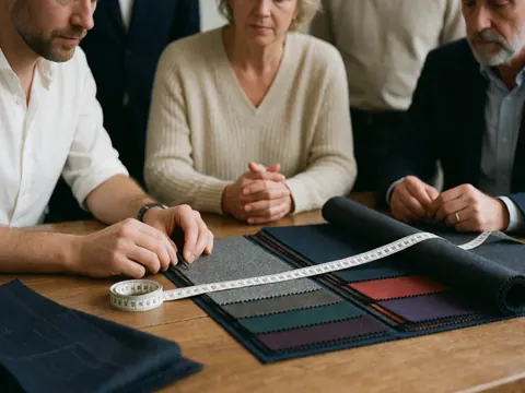 Groupe de personnes sélectionnant du tissu et utilisant un mètre ruban sur une table en bois pour confectionner des vêtements.
