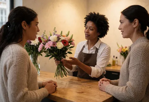 Une fleuriste souriante tend un beau bouquet de fleurs à une cliente dans sa boutique, tandis qu'une autre femme observe la scène.