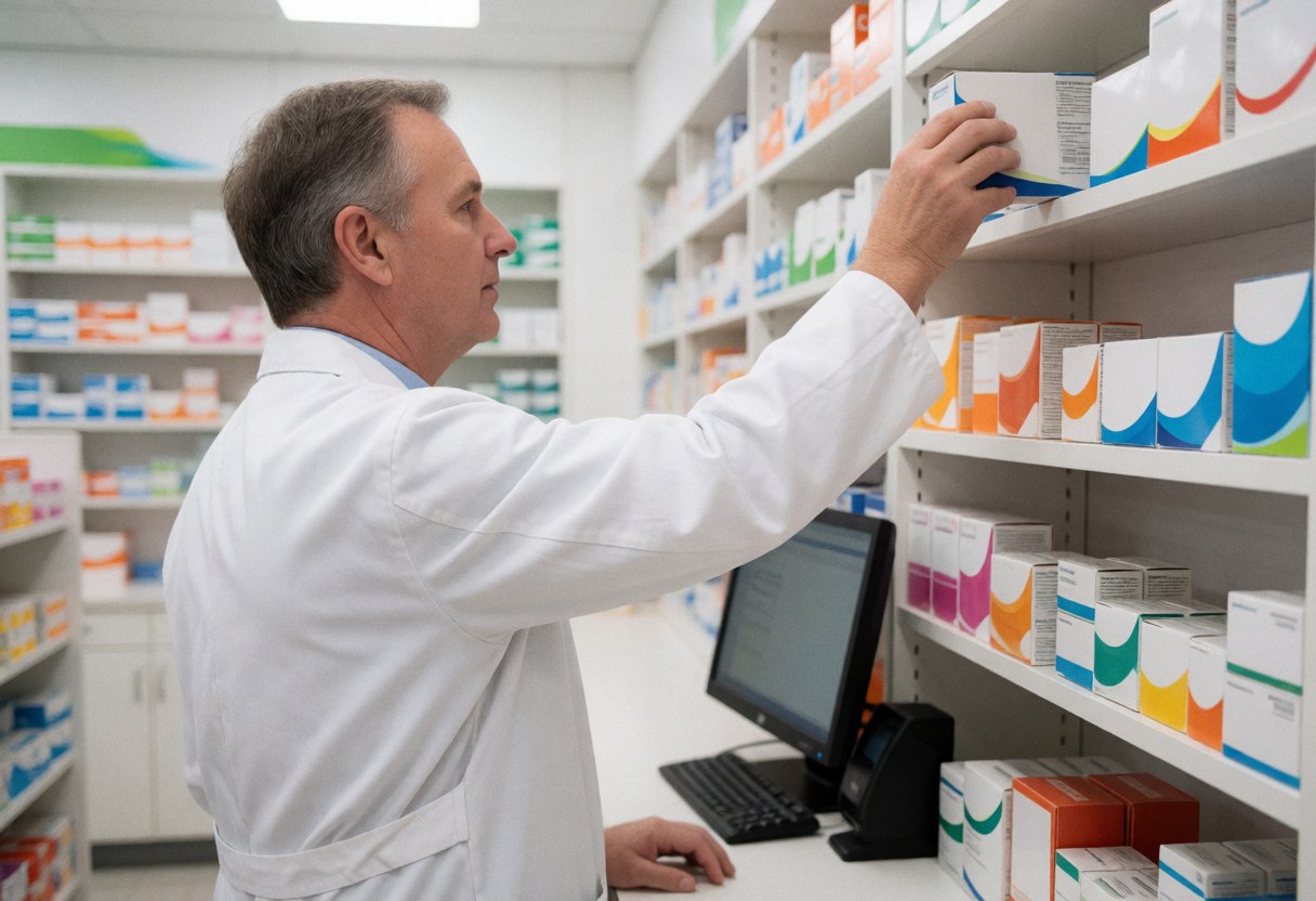 Un pharmacien masculin prend un produit sur une étagère en pharmacie avec un ordinateur sur le comptoir.