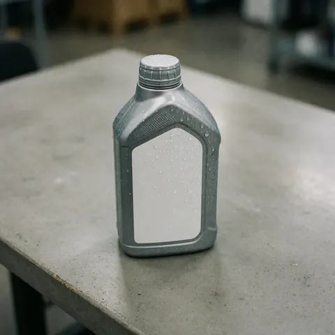 Gros plan d'une bouteille carrée d'huile moteur synthétique posée sur une table de travail propre dans un garage mécanique.