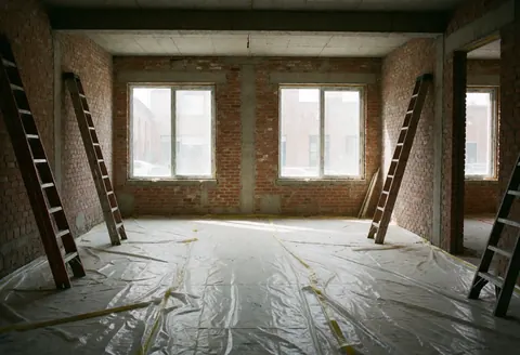 Vue intérieure d'un bâtiment en travaux montrant des murs de briques, des fenêtres et des escaliers en bois posés sur un sol protégé par une couverture.
