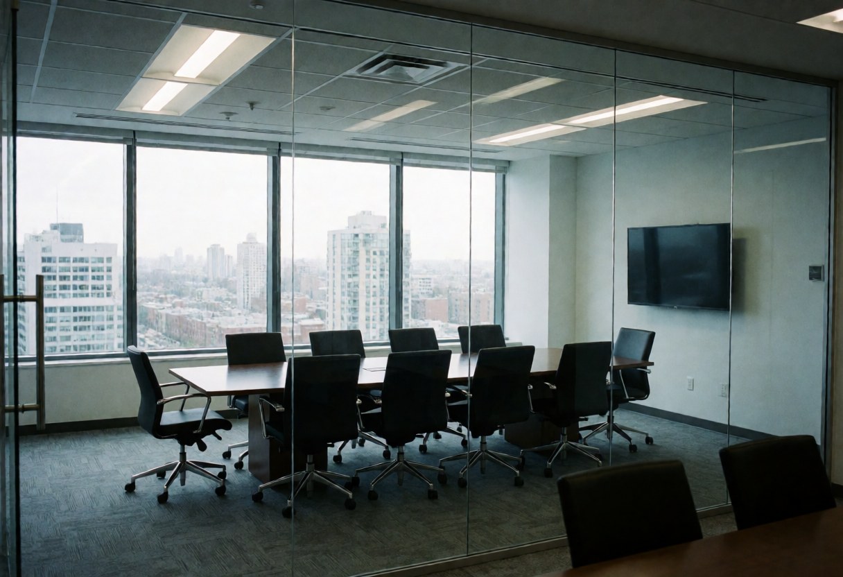Salle de réunion vide équipée de tables et chaises noires, offrant une vue panoramique sur la ville à travers de grandes baies vitrées.