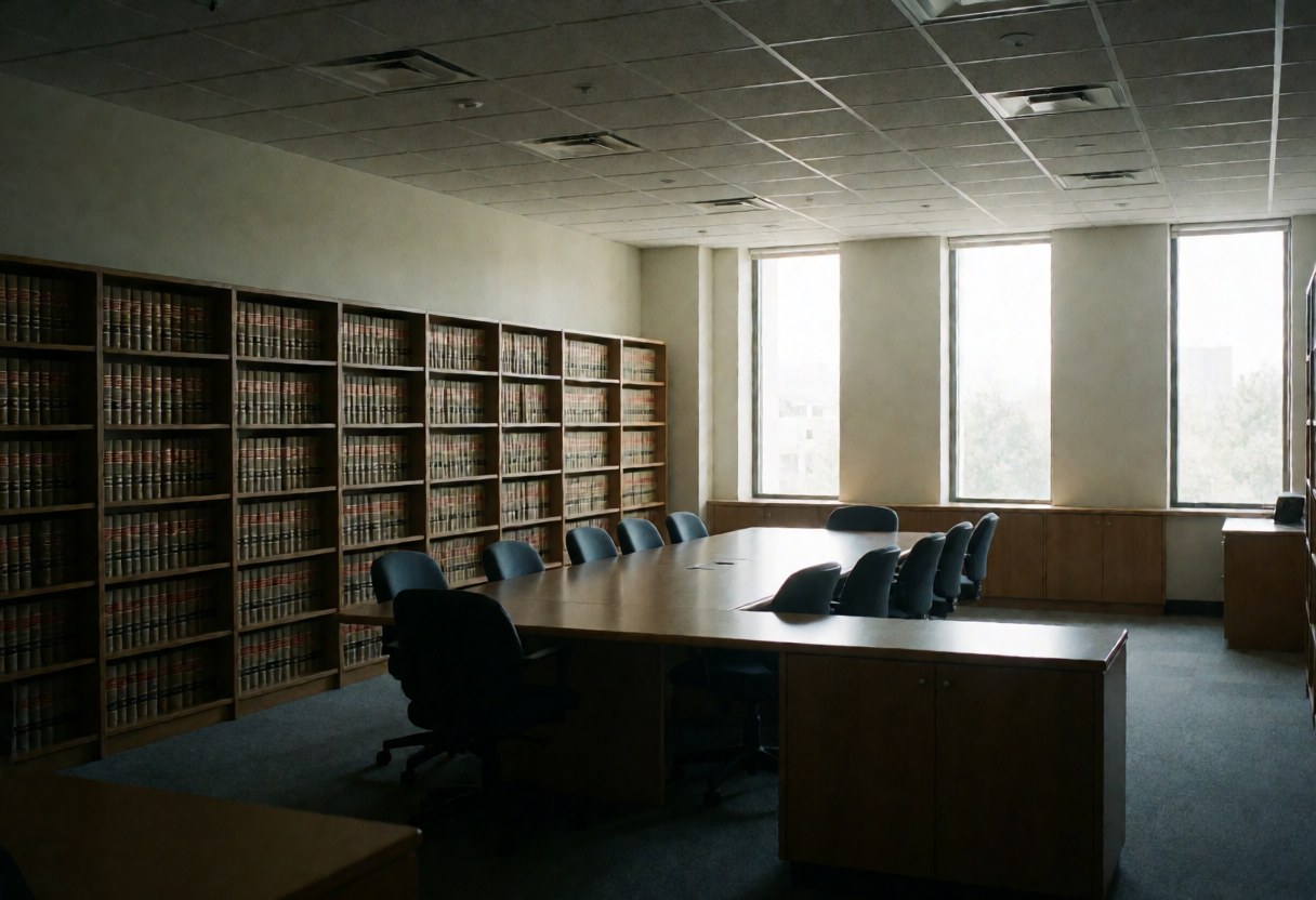 Salle de réunion équipée d'une longue table, de chaises et d'étagères remplies de livres dans un cadre professionnel.
