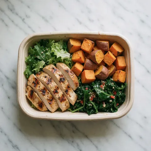 Bol contenant du poulet rôti, des frites et des légumes frais posé sur une surface en marbre blanc vue de dessus.