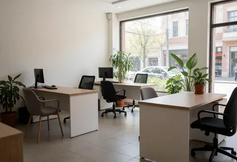 Vue intérieure d'un bureau moderne équipé de tables de travail, de chaises et de plantes vertes, sans présence humaine.