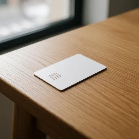 Une carte d'identité électronique avec puce posée sur un bureau clair dans un environnement de bureau professionnel.