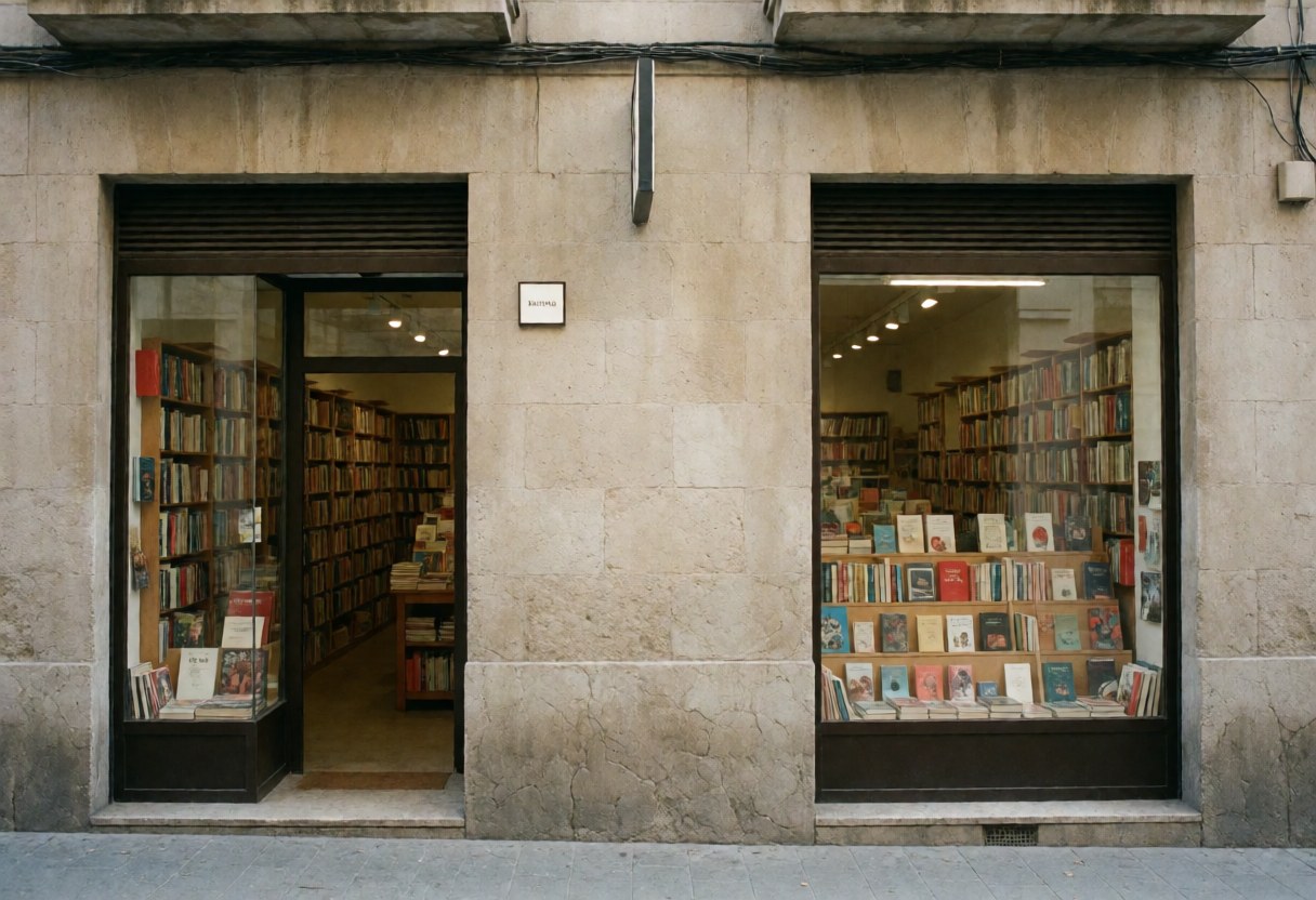 Vue extérieure d'une librairie montrant sa vitrine remplie de livres colorés et son entrée donnant sur les étagères intérieures.