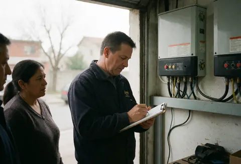 Un technicien prend des notes sur un carnet tout en vérifiant un onduleur solaire fixé au mur.