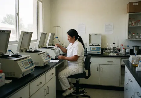 Une technicienne en blouse blanche manipule un tube à essai dans un laboratoire clinique équipé d'appareils d'analyse.