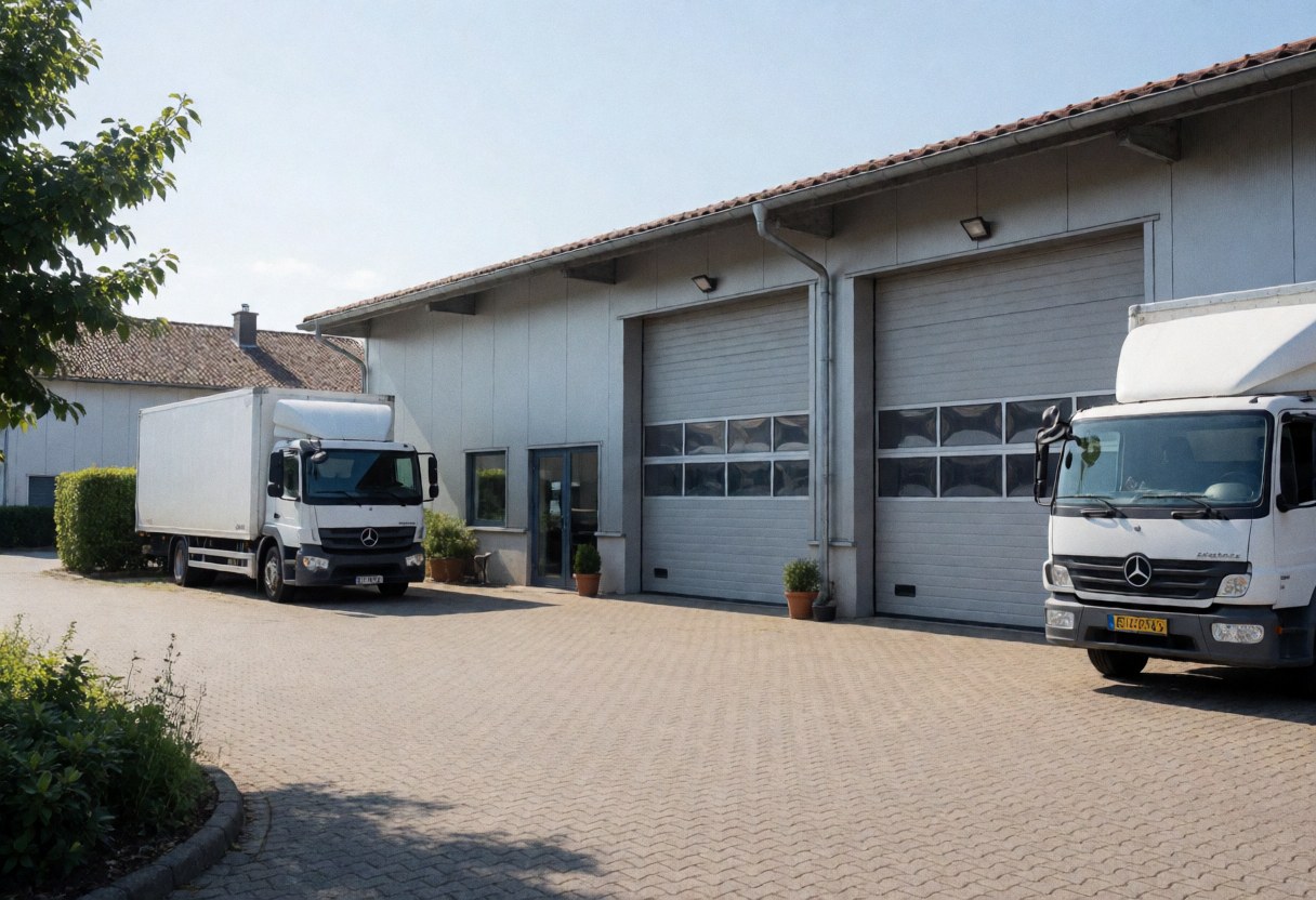 Deux camions blancs stationnés devant un atelier industriel doté de portes de garage, illustrant une activité logistique et de transport.