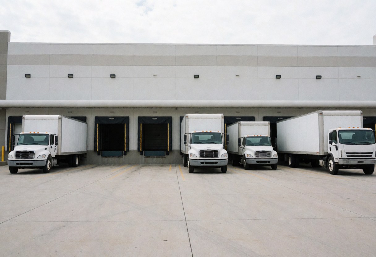 Plusieurs camions de livraison sont garés face aux quais de chargement d'un grand entrepôt logistique industriel.