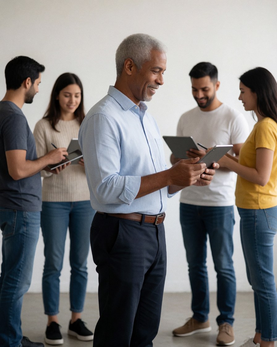 Un homme d'âge mûr tient une tablette dans un lieu de coworking partagé, entouré de collègues professionnels travaillant avec des appareils numériques et des carnets.