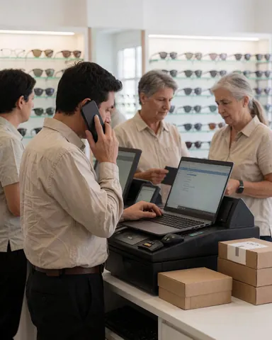Un employé masculin en opticien utilise son ordinateur tout en répondant à un appel téléphonique, avec des collègues servant les clients en arrière-plan.