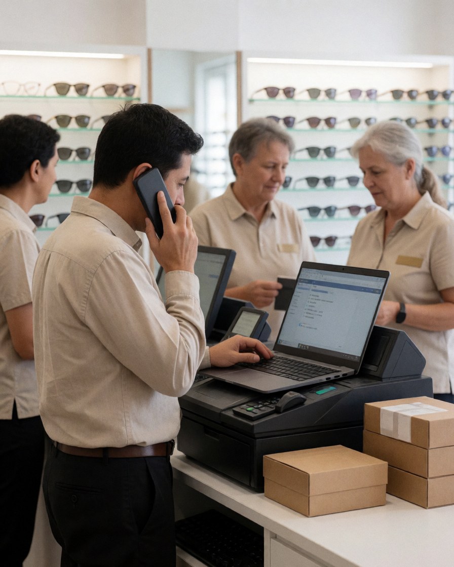 Un employé masculin en opticien utilise son ordinateur tout en répondant à un appel téléphonique, avec des collègues servant les clients en arrière-plan.