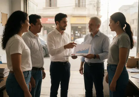 Un consultant montre des graphiques à quatre clients dans un bureau lumineux avec vue sur la rue.