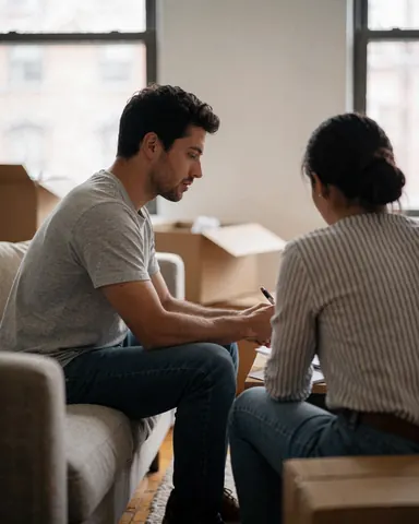 Un homme signe un document pendant qu'une femme l'observe, entourés de cartons dans une pièce.
