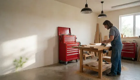 Un homme adulte portant un tablier de travail polissant du bois sur une table avec des outils rouges autour.