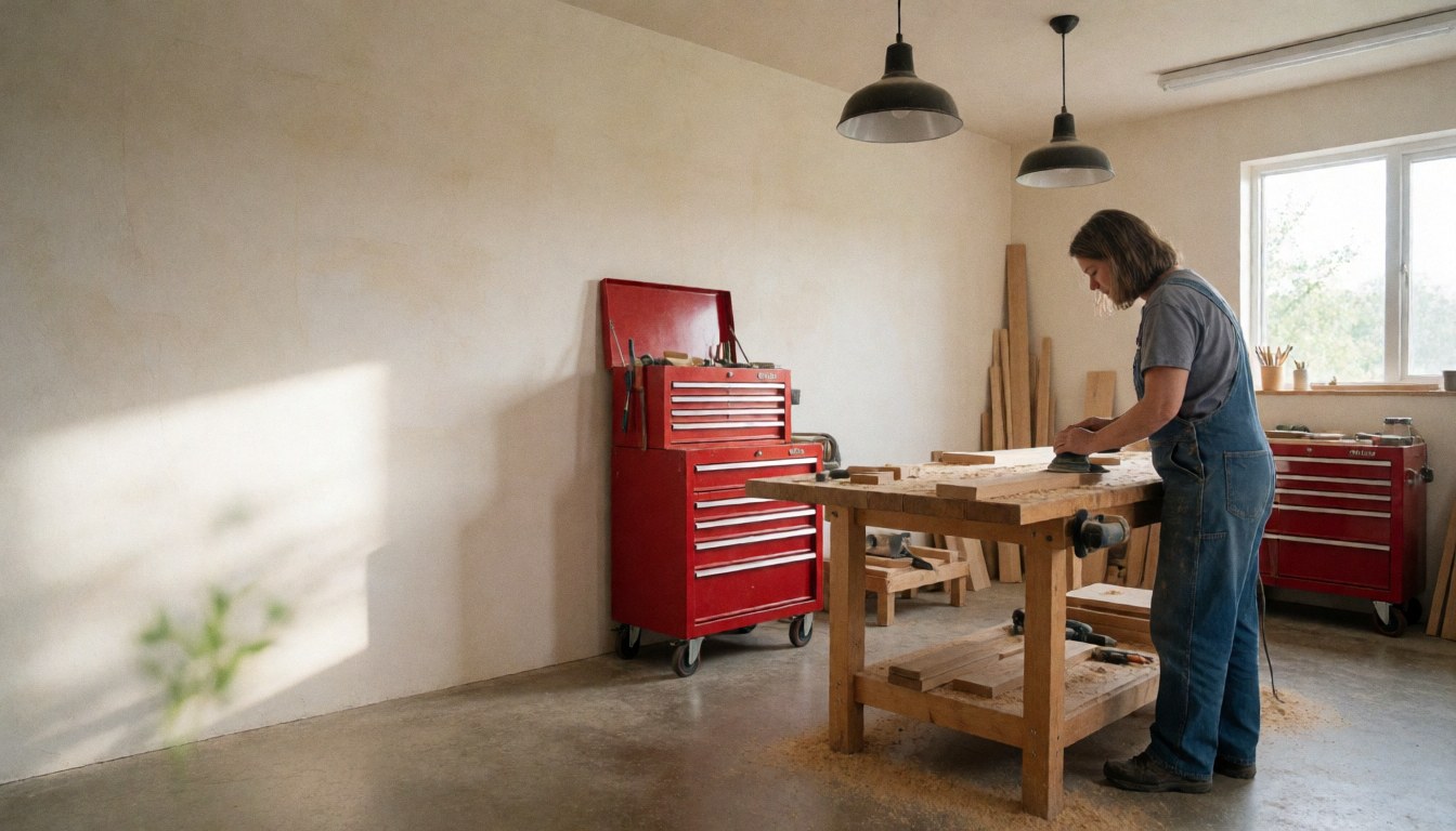Un homme adulte portant un tablier de travail polissant du bois sur une table avec des outils rouges autour.